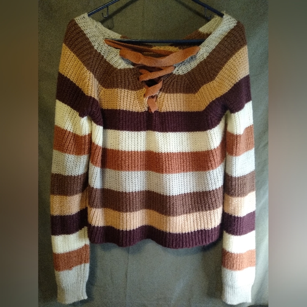 Moral fiber Autumn striped junior Knit Sweater with Lace-Up Detail